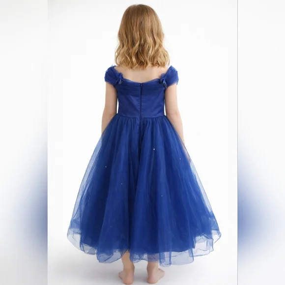 Royal Blue Tulle Party Dress Size 6–7Y Elegant Off-Shoulder Flower Girl Gown - Picture 3 of 9